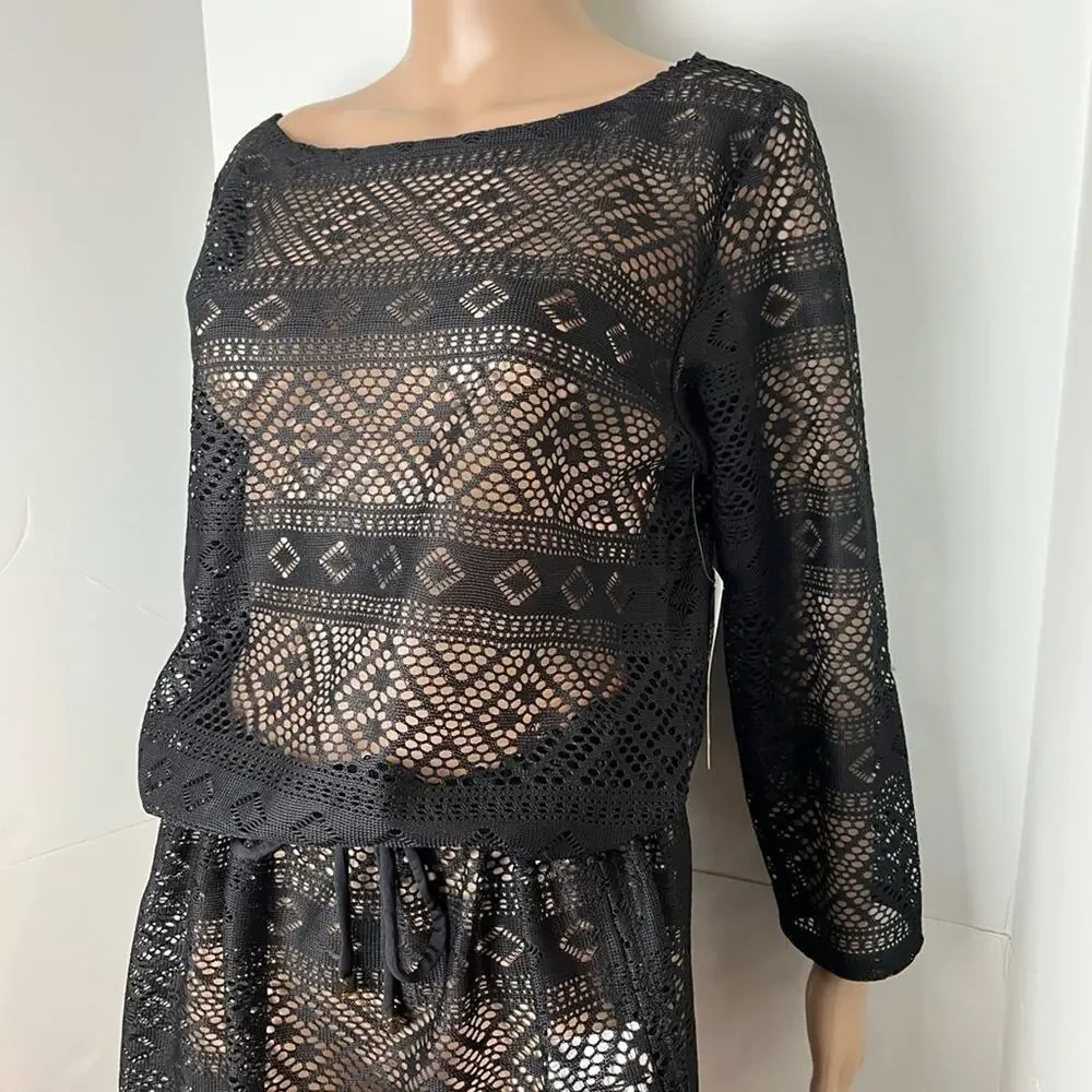 New Anne Cole Black Lace Long Sleeve Crochet Cinch Waist Swimsuit Coverup